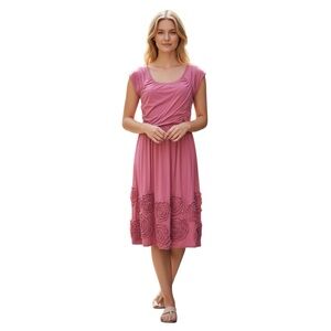 Garnet Hill Dress Size 10 Rose Pink Sleeveless Embroidered Flowers Jersey Knit